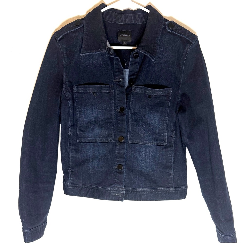 LIVERPOOL Jeans Company Dark Blue Denim Jacket Slightly Cropped Size Medium Moto